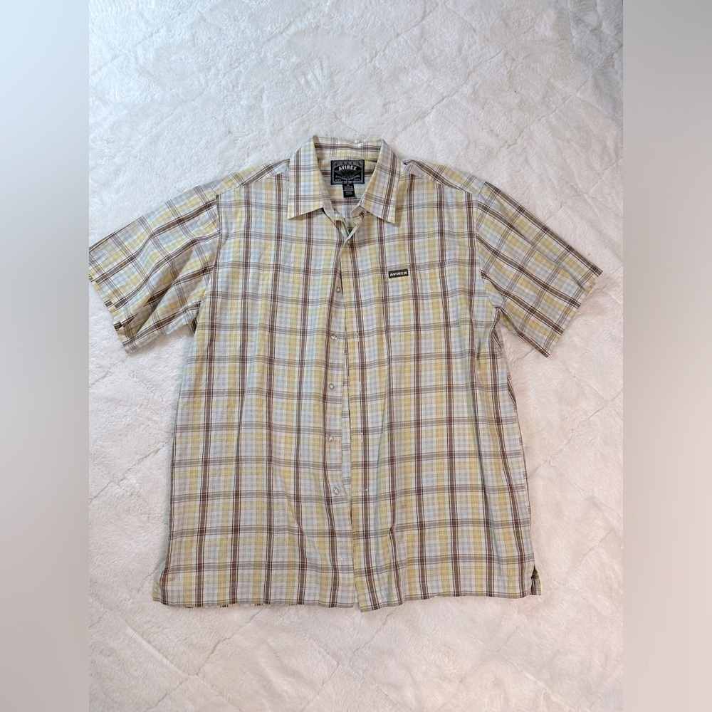 Avirex men’s button down plaid shirt streetwear XL cotton short sleeve